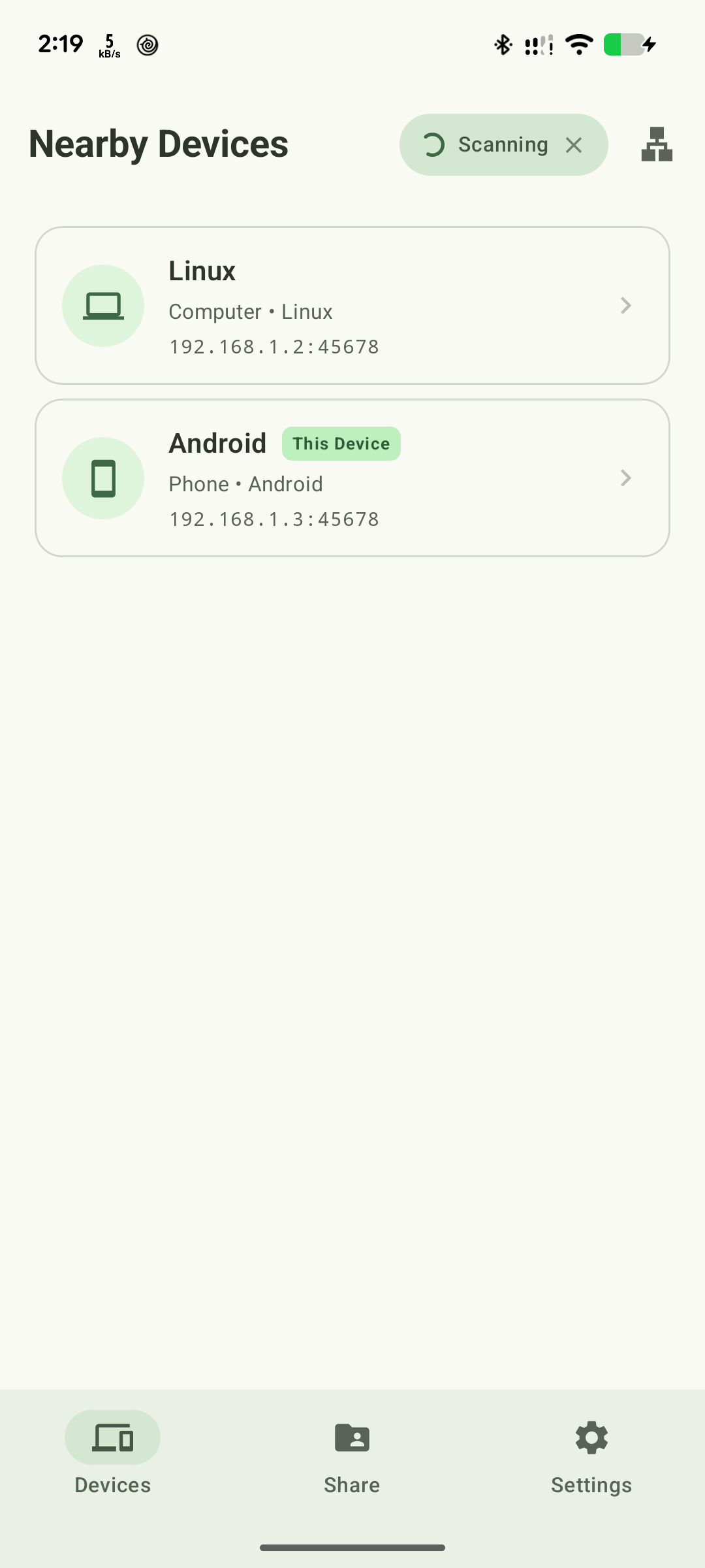 Folder Share Android app showing discovered local network devices