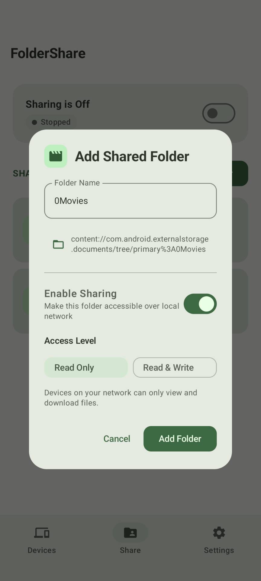 Select and add a local folder to share in Folder Share