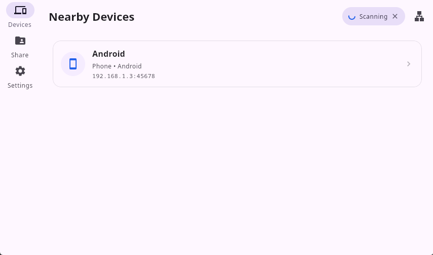 Folder Share desktop application for Windows and Linux showing auto-discovered network devices