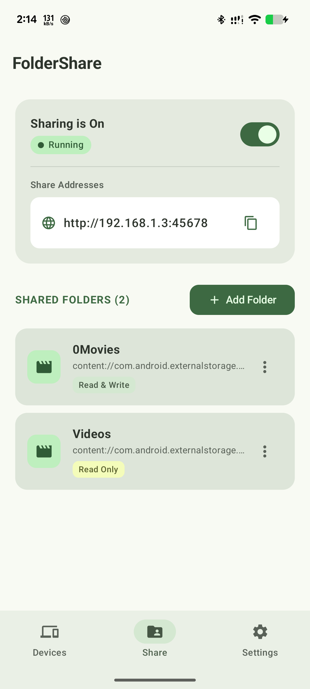 Folder Share Android app showing Sharing On with TV target